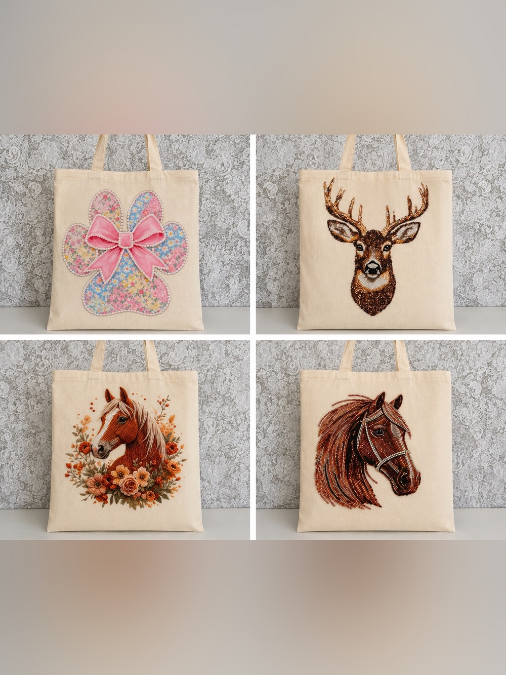 Handmade Style Canvas Tote Bag Deer Horse Floral Bow Reusable Shopper choose one